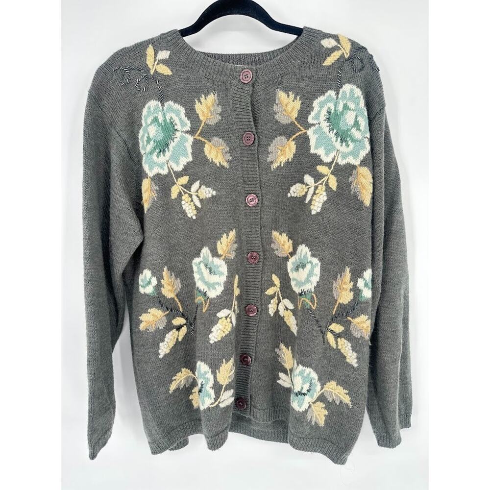 Vintage Alfred Dunner Wool Blend Gray Button Cardigan Women Large Floral Cottage